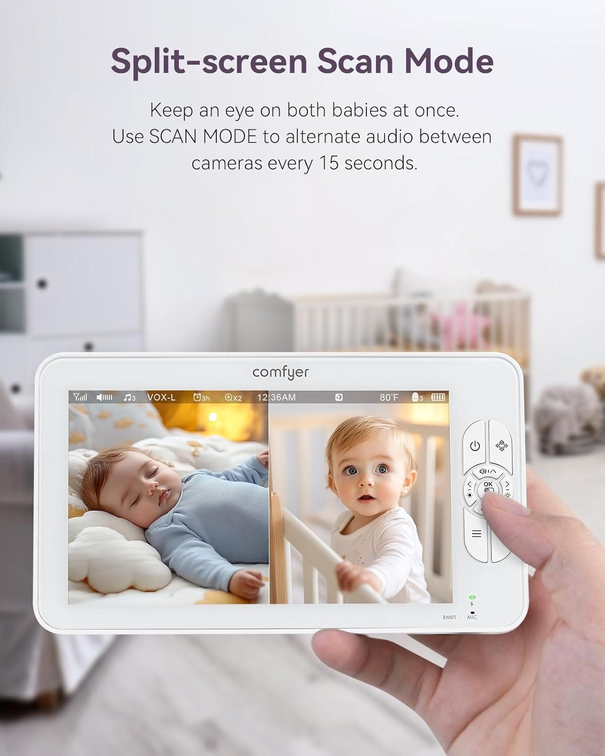7" Split-Screen Baby Monitor with 2 1080P Cameras, 720P HD No WiFi Monitor with a Flexible Bracket, Video Baby Monitor with Camera and Audio, 2 Way Audio, Remote PTZ, Auto Night Vision