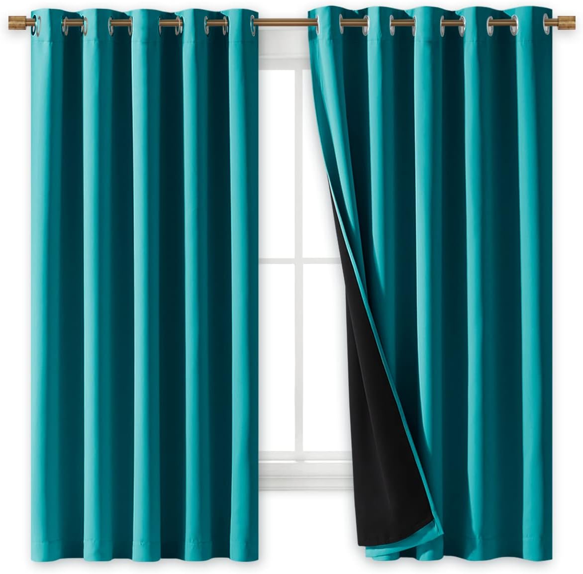 NICETOWN Peacock Teal 100% Blackout Lined Curtains, 2 Thick Layers Completely Blackout Window Treatment Thermal Insulated Drapes for Kitchen/Bedroom (1 Pair, 70" Width x 63" Length Each Panel)