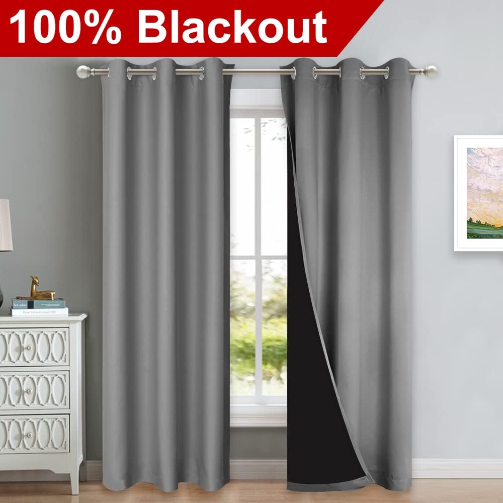 NICETOWN Silver Grey Full Shade Curtain Panels, Pair of Thermal Insulated & Energy Efficiency Blackout Curtains for Living Room Windows, Lined Silky Performance Window Dressing (42" Wide x 84" Long)