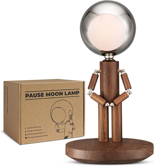 Moon Lamp for Bedroom, 5200mAh Rechargeable Wooden Desk Lamp with Touch Control & Adjustable Brightness, Creative Cordless Lamp, Decorative Bedside Lighting for Living Room & Gift