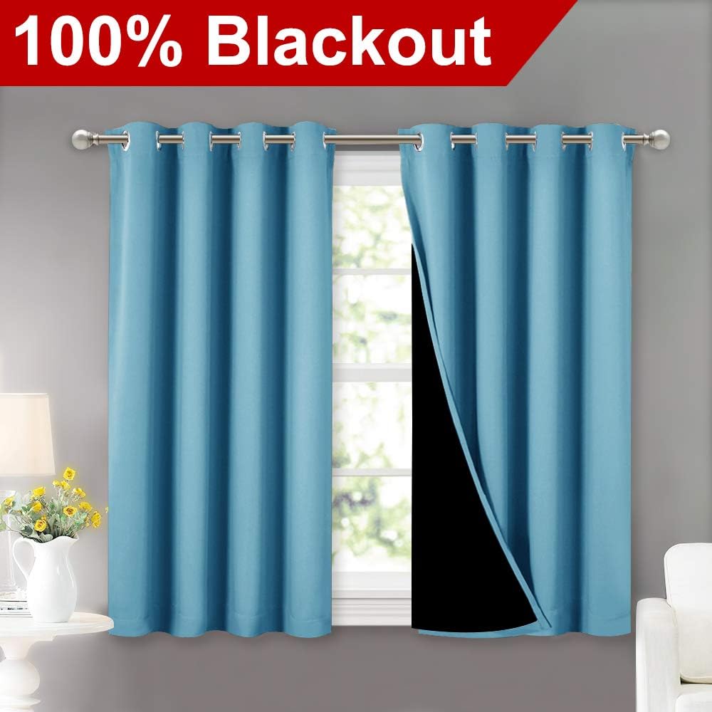 NICETOWN 100% Blackout Short Curtains with Black Liners, Thermal Insulated Full Blackout Lined Drapes, Energy Efficiency Window Draperies for Boy's Room (Teal Blue, 2 Panels, 52-inch W by 45-inch L)