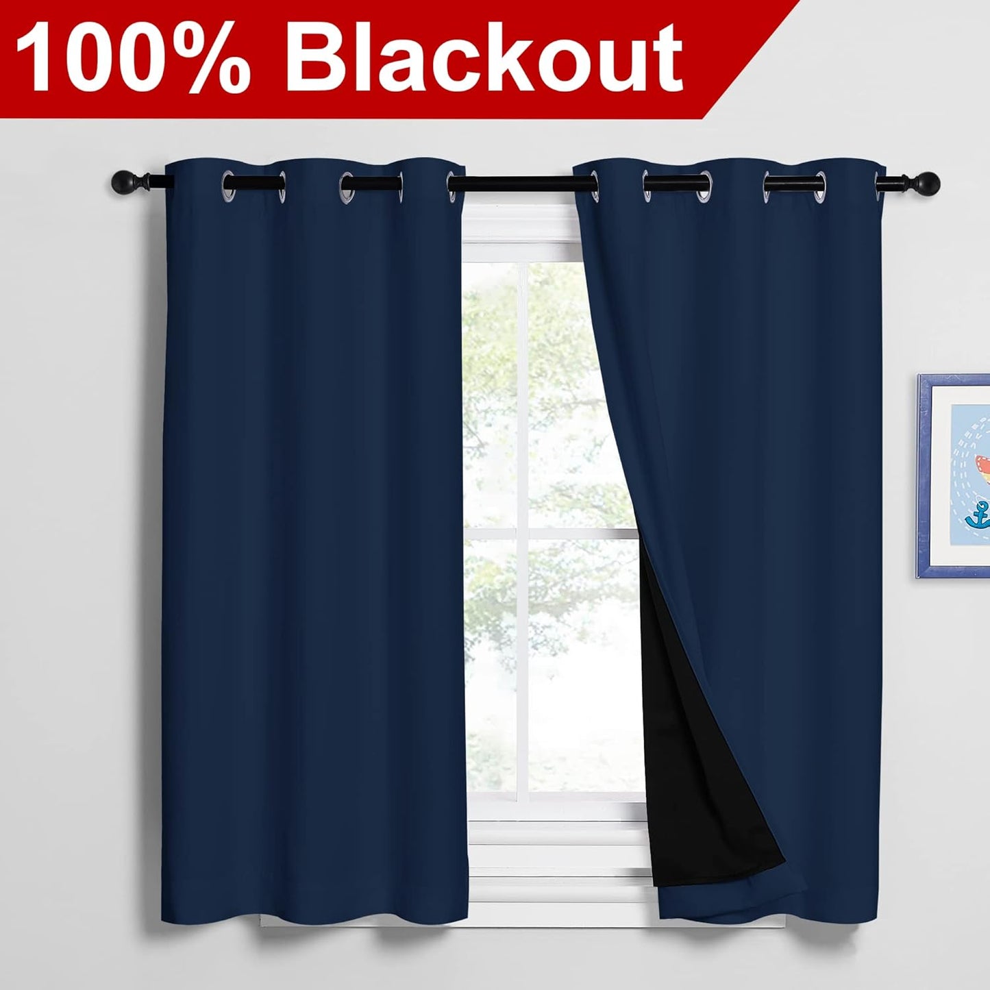NICETOWN 100% Blackout Curtains with Black Liners, Thermal Insulated 2-Layer Lined Drapes, Energy Efficiency Small Window Draperies for Dining Room (Navy Blue, 2 Panels, 42 inches W by 54 inches L)