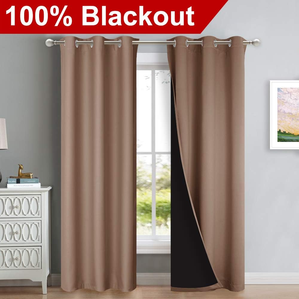 NICETOWN 100% Blackout Curtains Thermal, Noise Cancellation and Privacy Truly Blackout Curtains for Patio Door, Black Lined Blackout Drapes with Grommet Top, Cappuccino, 1 Pair, W42 x L84