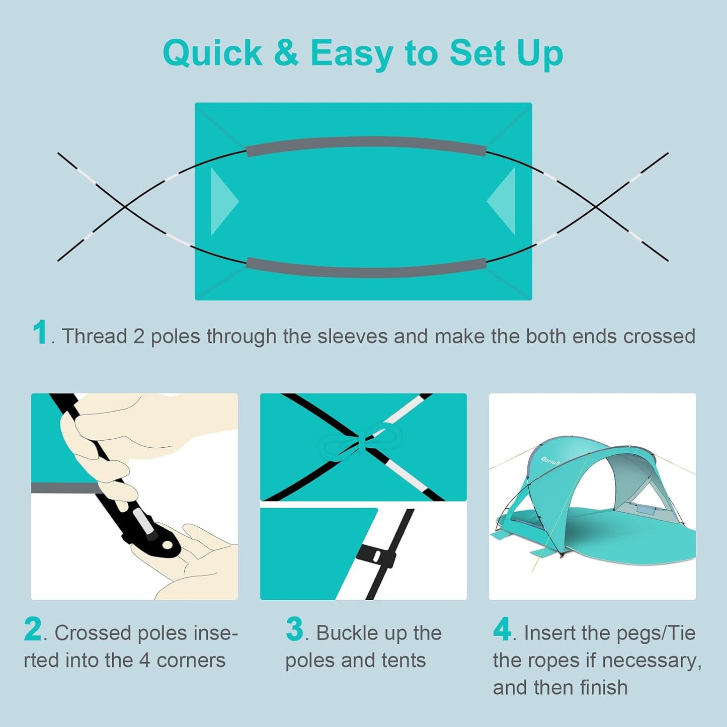 Gorich Beach Tent Sun Shelter with UPF50+ UV Protection for 3/4-5/6-7 Person, Lightweight & Portable Beach Shade Canopy with 2 Zippered Doors, Easy Setup Family Beach Umbrella