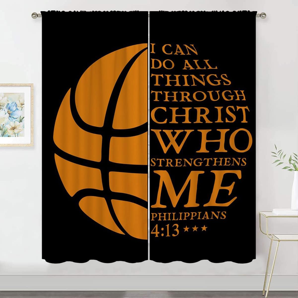 Basketball Blackout Curtains for Boy Girl Room Darkening Decor,Sport Theme and Motto Dark Background Bedroom Living Room Home Rod Pocket Thermal Insulated Window Curtain/Drapes Panel,42x45 Inch…