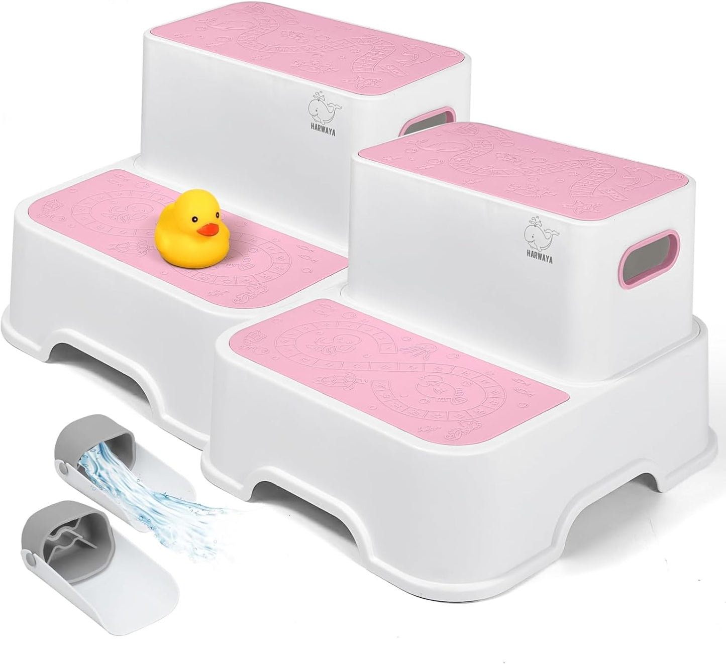 Two Step Stools for Toddlers Girls, Small Kids Step Stool for Bathroom Sink, No Slip Toddler Step Stool for Little Grils Room Princess Bedroom Closet Potty Training (2 Pack, White-Pink)