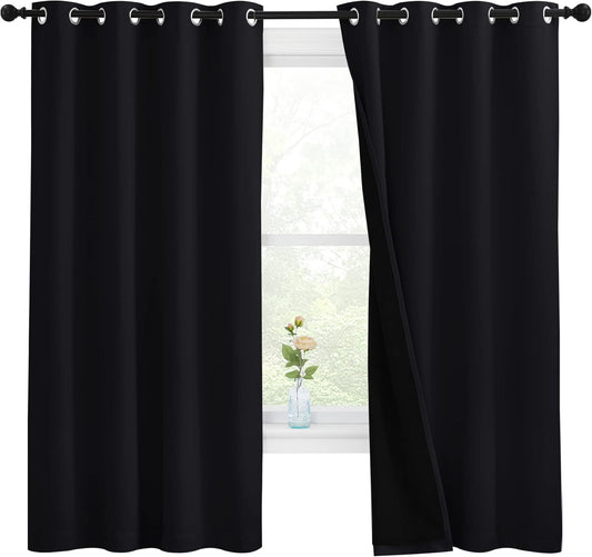 NICETOWN 100% Blackout Curtains with Black Liners, Thermal Insulated Full Blackout 2-Layer Lined Drapes, Energy Efficiency Window Draperies for Bedroom (Black, 2 Panels, 55-inch W by 68-inch L)