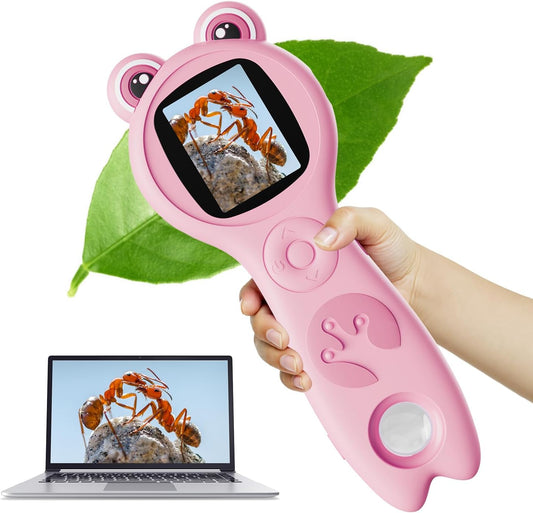 Microscope for Kids, 2 Inch Digital Microscope with 500X Magnifying Glass, 4× Zoom Handheld Camera Mini Pocket Magnification, Educational Science Toys for Ages 3+, Pink