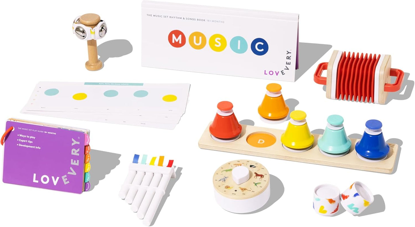 Lovevery | The Music Set | 6 Montessori Musical Instruments & Rhythm Book | Educational Toys for Toddlers & Preschoolers | Simple Songs and Play Guide | Ages 18 Months to 4+ Years