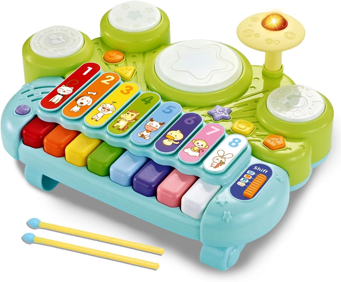 Fisca 3 in 1 Musical Instruments Toys, Electronic Piano Keyboard Xylophone Drum Set - Learning Toys with Lights for Baby & Toddler 1 2 3 Year Old Boys and Girls