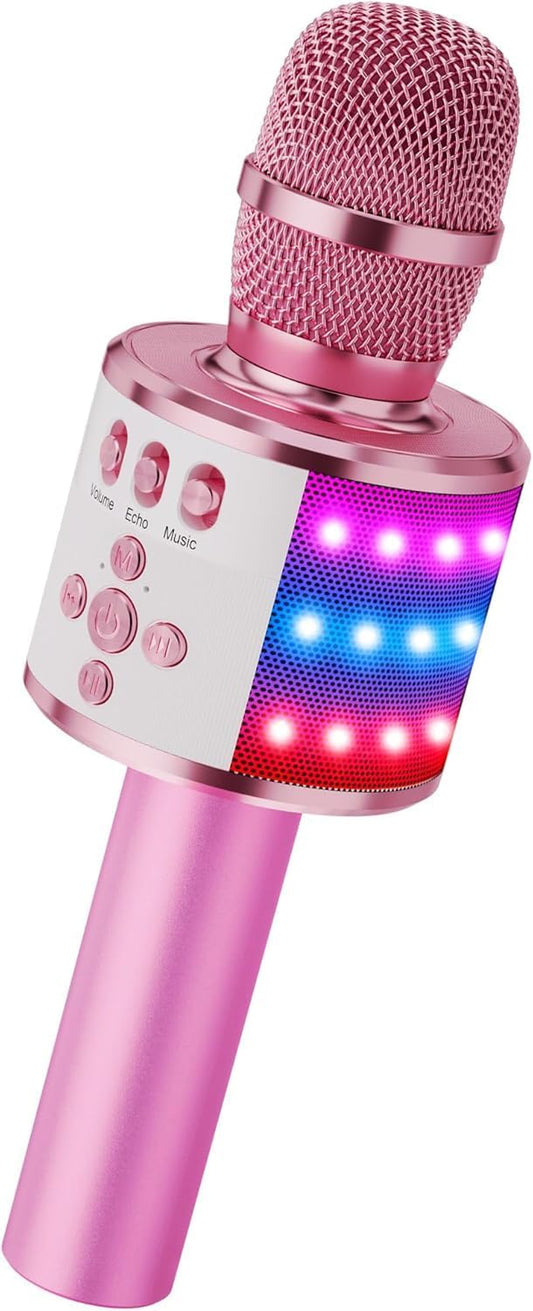 BONAOK Karaoke Microphone for Kids & Adults - Bluetooth Microphones Singing Mic with Disco Lights, Echo Effect, Built-in Speaker Portable Karaoke Player for Party Travel Gifts Q78(Light Pink)