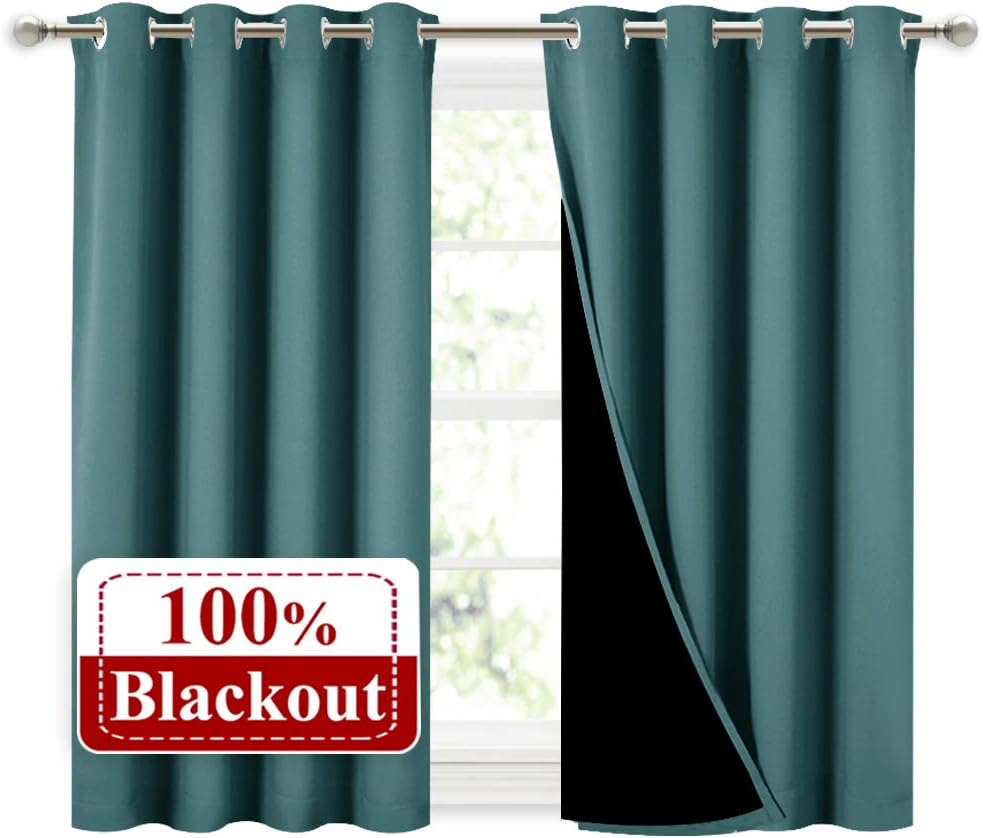 NICETOWN Small 100% Blackout Curtains with Black Liners, Thermal Insulated 2-Layer Lined Drapes, Energy Efficiency Window Draperies for Dining Room (Sea Teal, 2 Panels, 52-inch W by 45-inch L)