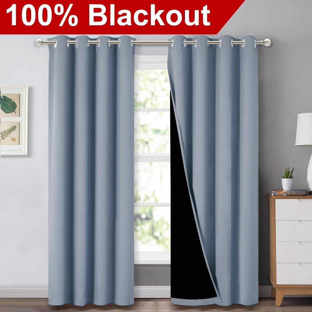NICETOWN 100% Blackout Curtains 84 inches Long, Vintage Blue, 52 inches Wide, Pair of Energy Smart & Noise Blocking Out Drapes for Baby Room Window, Thermal Insulated Guest Room Lined Window Dressing