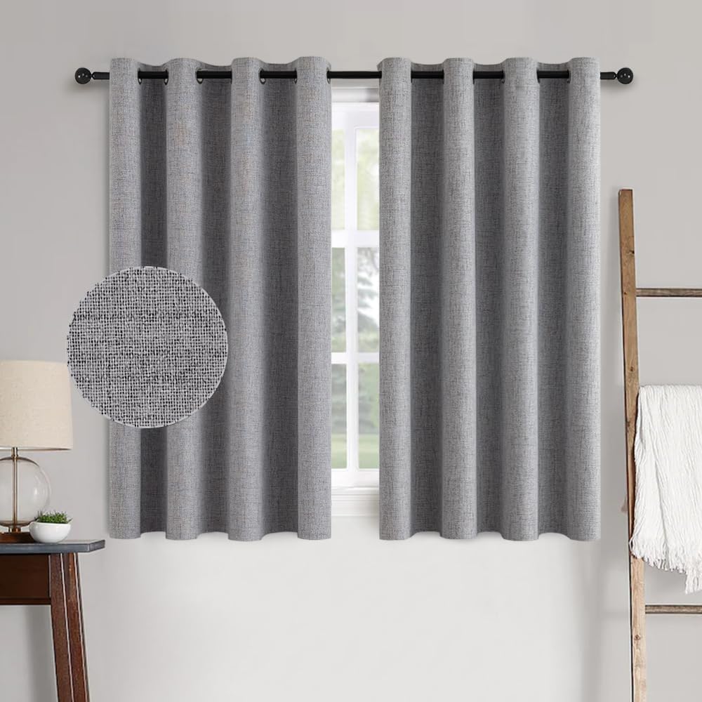 MIULEE Linen Texture Curtains for Bedroom Solid 100% Blackout Thermal Insulated Grey Curtains Grommet Room Darkening Drapes Luxury Decor for Living Room Nursery 52x63 Inch (2 Panels)