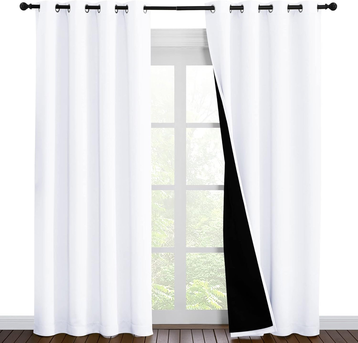 NICETOWN 100% Blackout Window Curtain Panels, Cold and Full Light Blocking Drapes with Black Liner for Nursery, 86 inches Drop Thermal Insulated Draperies (White, 2 Pieces, 55 inches Wide Each Panel)