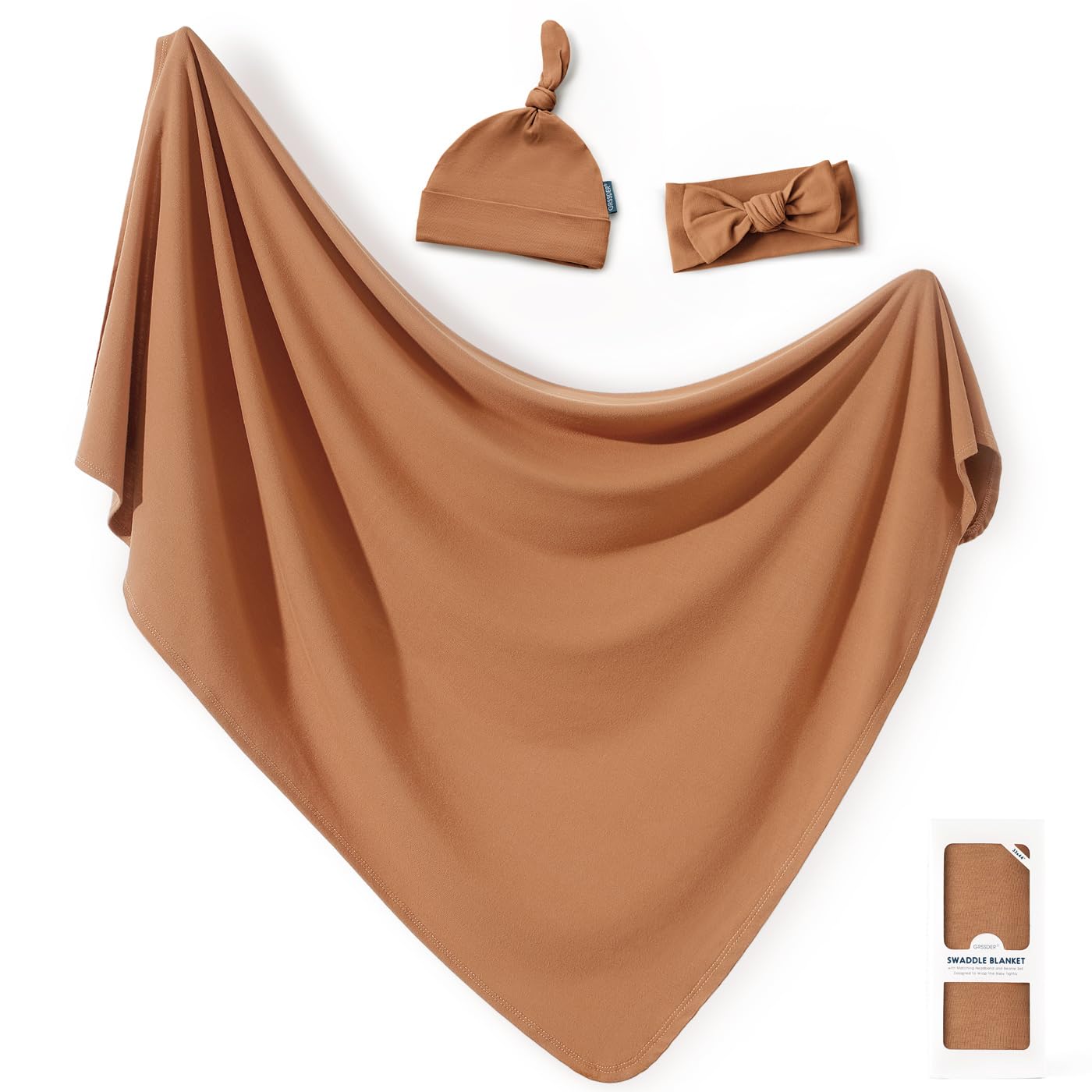 GRSSDER Newborn Swaddle Blanket, Ultra Soft Jersey Receiving Blanket with Matching Headband and Beanie Set 33×44", Stretchy Baby Neutral Swaddle Wrap for Girls and Boys