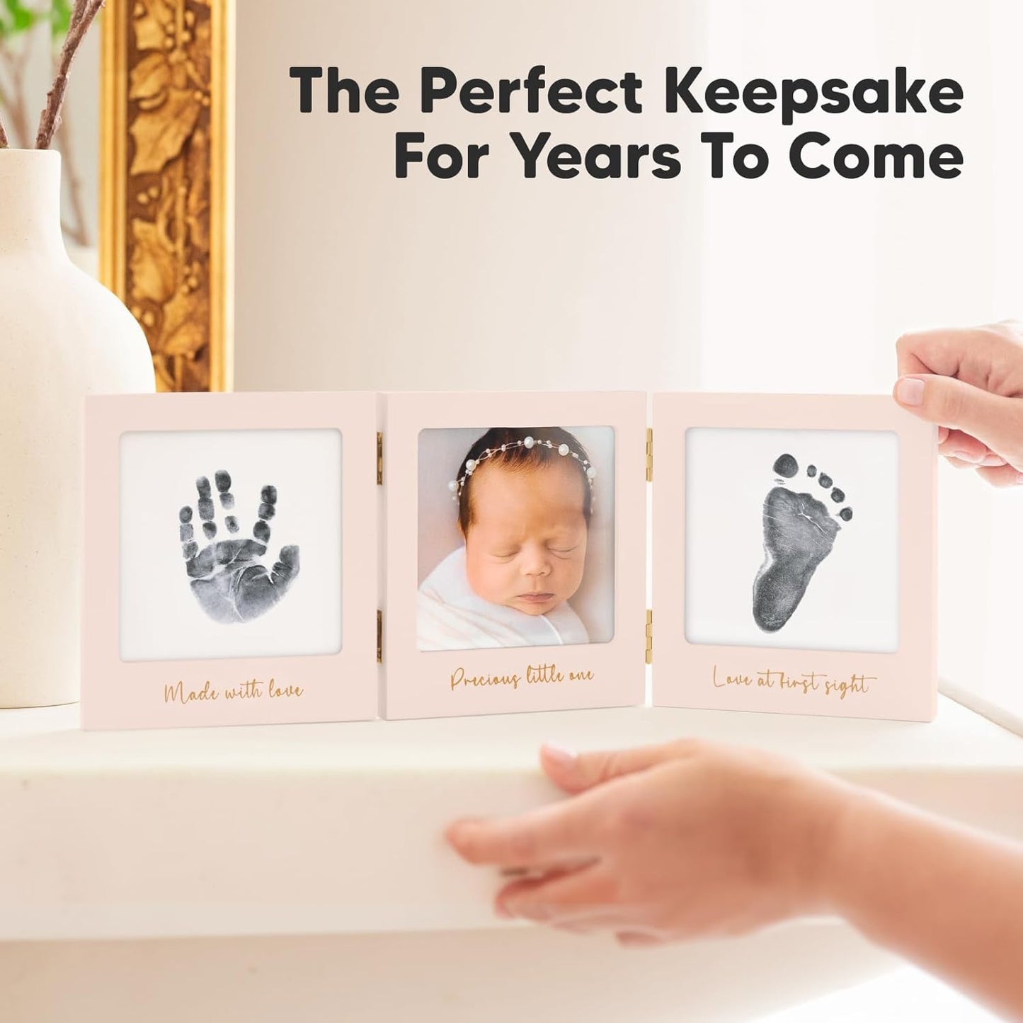 Inkless Baby Handprint and Footprint Kit for Newborn - Baby Footprint Kit, Newborn Keepsake Nursery Picture Frame,Dog Paw Print Maker,Personalized Gifts for New Mom,Showers & Registry(Petal Pink/Gold)