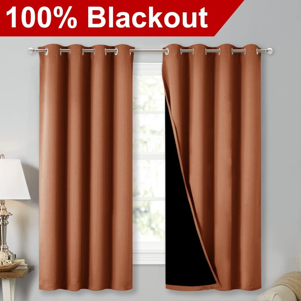 NICETOWN Burnt Orange 100% Blackout Lined Curtains, 2 Thick Layers Completely Blackout Window Treatment Thermal Insulated Drapes for Kitchen/Bedroom (1 Pair, 52" Width x 63" Length Each Panel)