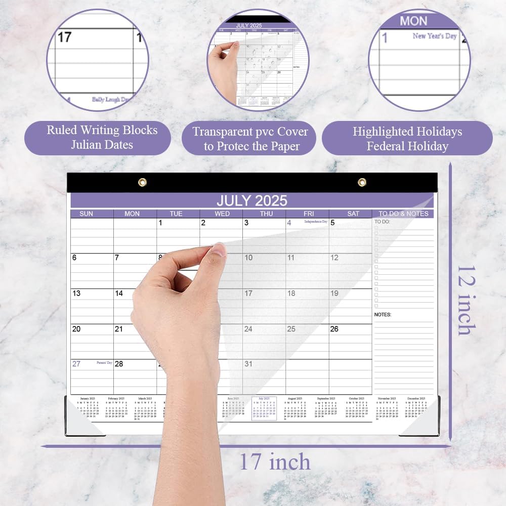 2025-2026 Desk Calendar - 18 Months Calendar from July 2025 - December 2026, Desk Calendar 2025-2026 with to-do List, 12" x 17", Purple