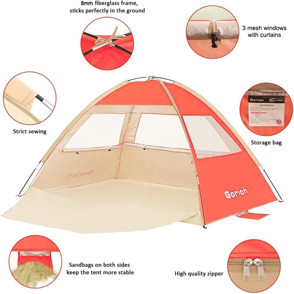 Gorich Beach Tent Sun Shelter for 3/4-5/6-7/8-10 Person with UPF 50＋ UV Protection, Lightweight & Easy Setup Beach Shade Canopy, Portable Beach Shade Tent Beach Cabana