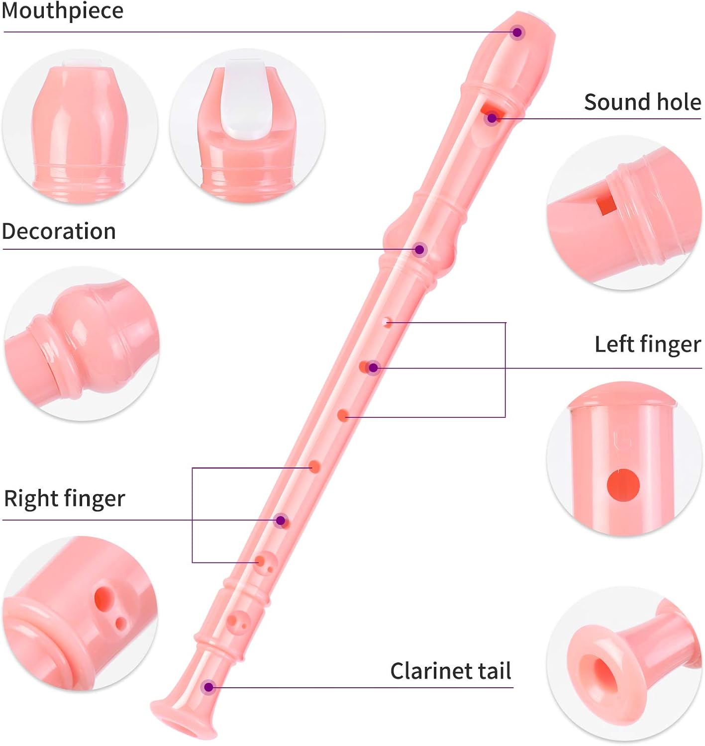 Soprano Recorder Instrument for Kids Beginners Student German Fingering C Key Recorder Instrument 3 Piece with Cleaning Rod and Bag Fingering Chart（Pink）