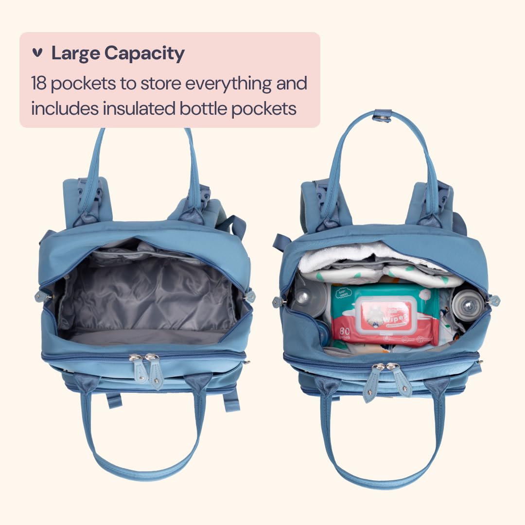 BabbleRoo Diaper Bag Backpack - Baby Essentials Travel Tote - Multi function Waterproof Diaper Bag, Travel Essentials Baby Bag with Changing Pad, Stroller Straps & Pacifier Case - Unisex, Light Blue