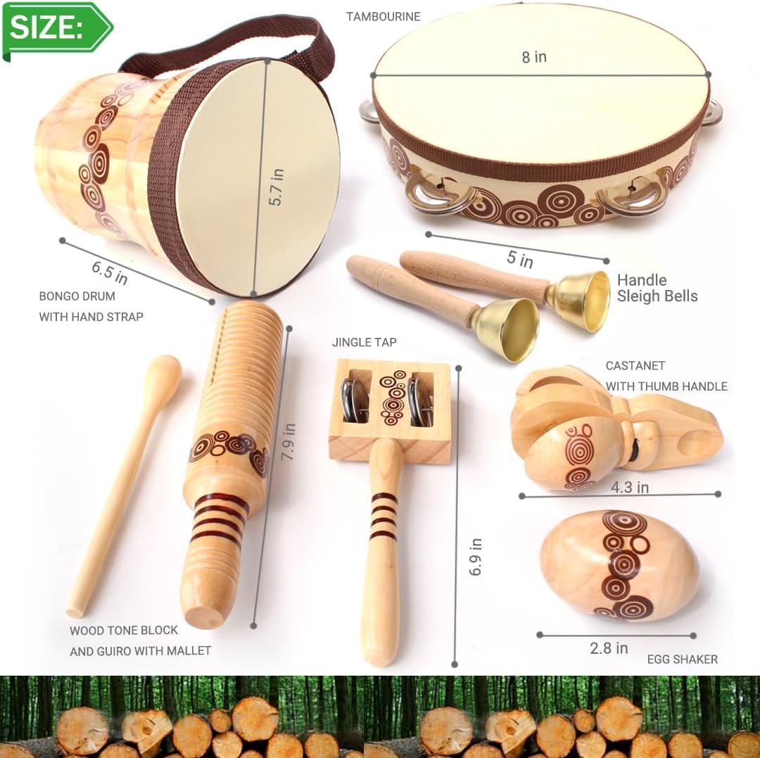 Wooden Musical Instruments Set for Kids,7 Types Percussion Set,Bongo Drum,Tambourine 8 inch...Natural Sheepskin Drumhead,Toddler Musical Toys,Gift for Rhythm Montessori Class Education
