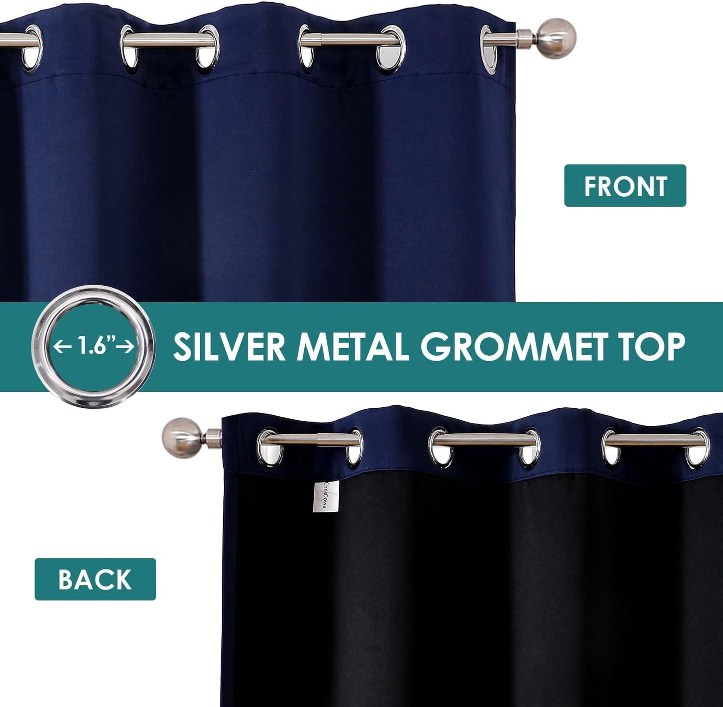 ChrisDowa 100% Blackout Curtains for Bedroom with Black Liner, 2 Thick Layers Total Blackout Thermal Insulated Grommet Window Curtains 2 Panels Set (Navy Blue, 52 x 45 Inch)