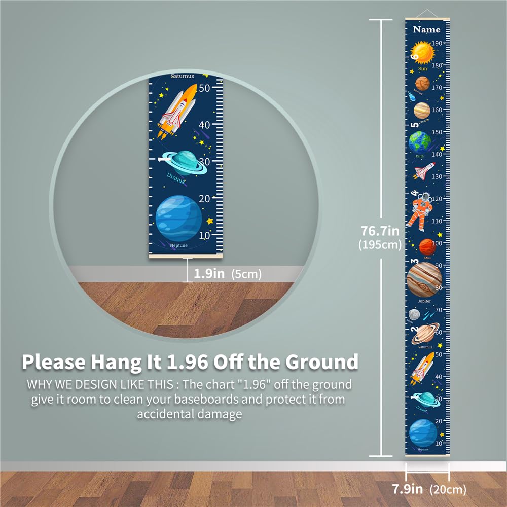 Personalized Growth Chart for Kids, Baby Height Chart with Custom Name, 77"x7.9" Canvas and Beige Wood Height Measuring Rulers for Boys Girls Removable Wall Ruler Hanging for Nursery Decor - Planets