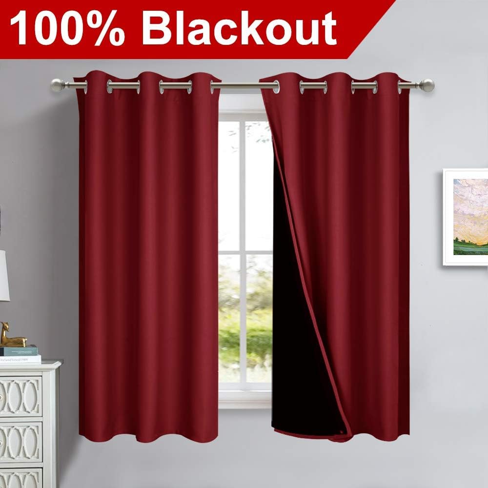 NICETOWN 100% Blackout Panels, Thermal Insulated Black Liner Curtains for Kitchen Room, Cold Blocking Drapes for Window Decoration (Set of 2, Burgundy Red, 42-inch Wide by 63-inch Long)