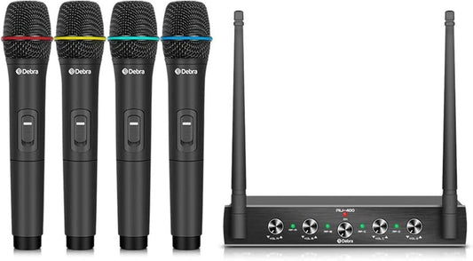 Debra Audio Pro UHF 4 Channel Wireless Microphone System with Cordless Handheld Lavalier Headset Mics, Metal Receiver, Ideal for Karaoke Church Party (with 4 Handheld (B))