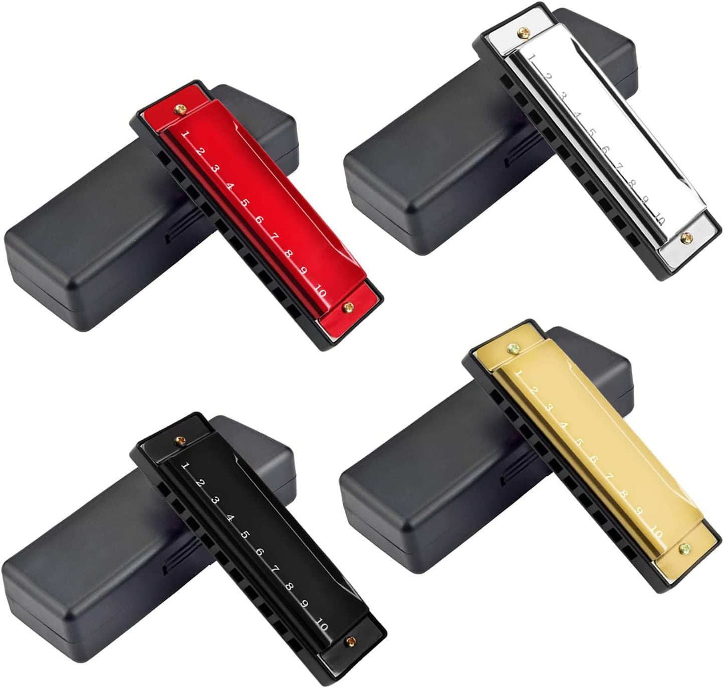 UPINS 4PCS Key of C 10 Hole 10 Tones Titanium Color Harmonica with Case for Beginner(Gold, Silvery, Black, Red)