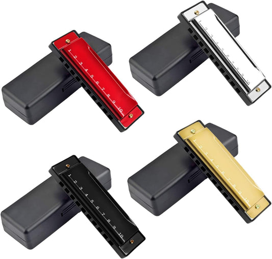 UPINS 4PCS Key of C 10 Hole 10 Tones Titanium Color Harmonica with Case for Beginner(Gold, Silvery, Black, Red)