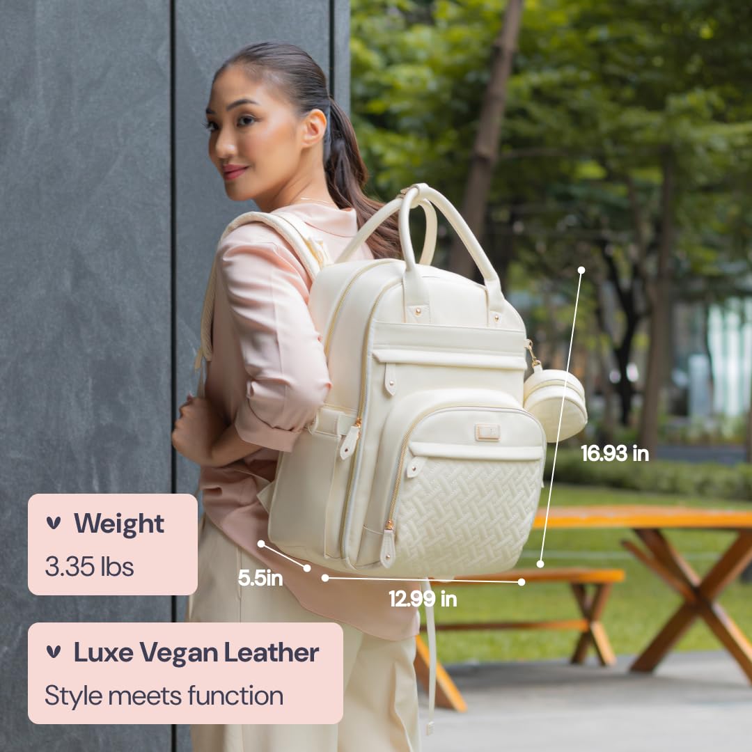 BabbleRoo Leather Diaper Bag Backpack - Baby Essentials Travel Baby Bag, Multi function, Waterproof, with Changing Pad, Stroller Straps & Pacifier Case – Unisex, Eggshell White