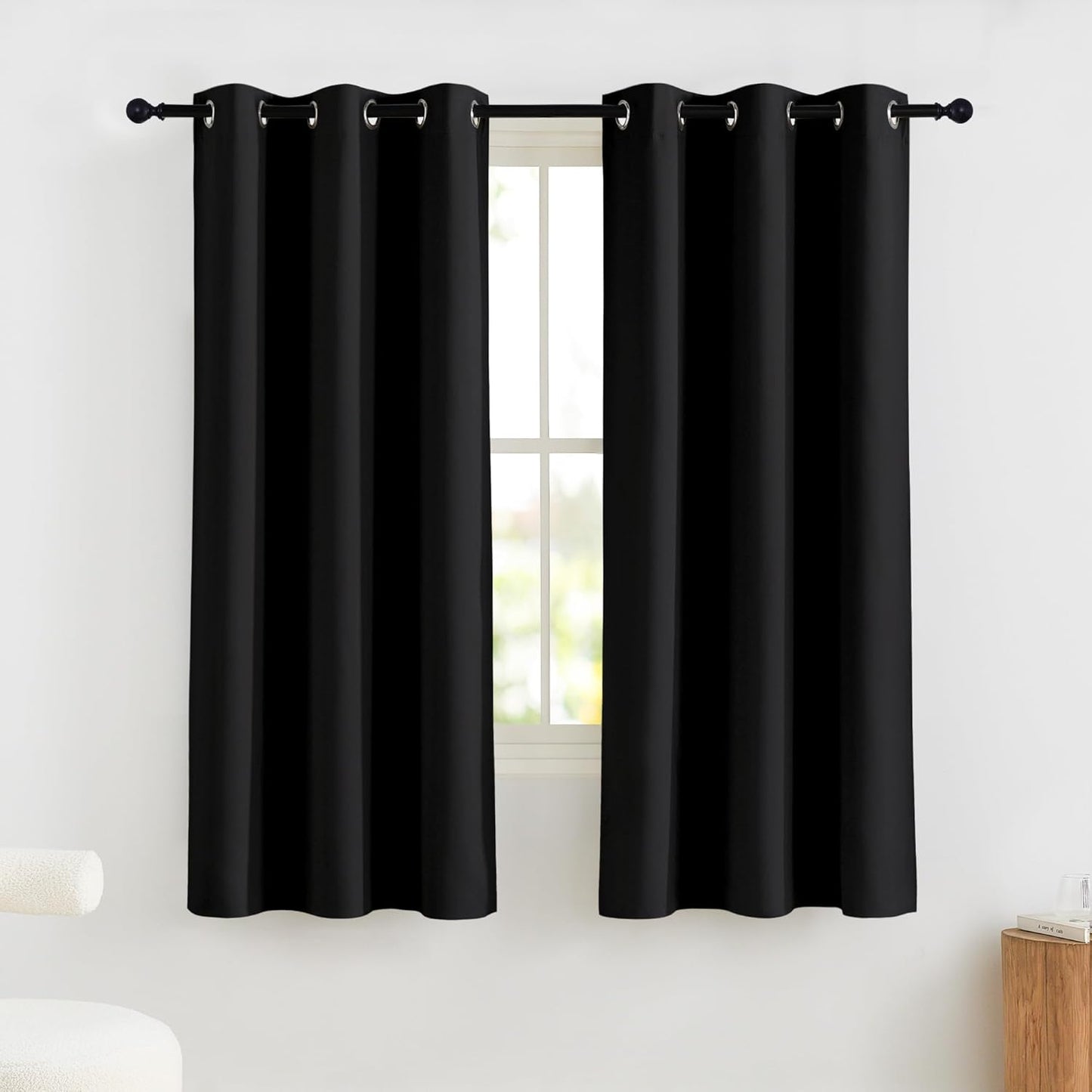 NICETOWN 100% Blackout Short Curtains 63 Inch Length for Bedroom, Privacy Thermal Insulated Grommet Window Drapes for Living Room, 2 Panels, Black, 42 x 63 Inch