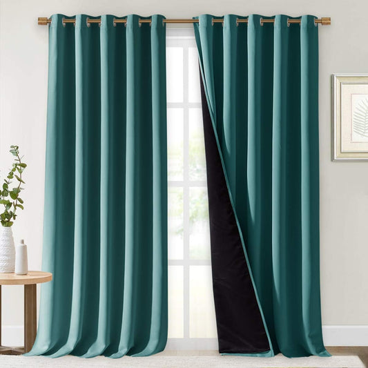 NICETOWN Total Shade Curtains and Draperies, Sea Teal, Package of 2, 62 inches Wide x 95 inches, LongHeavy-Duty Full Light Shading Drapes with Black Liner Backing for Villa/Hall/Dorm Window