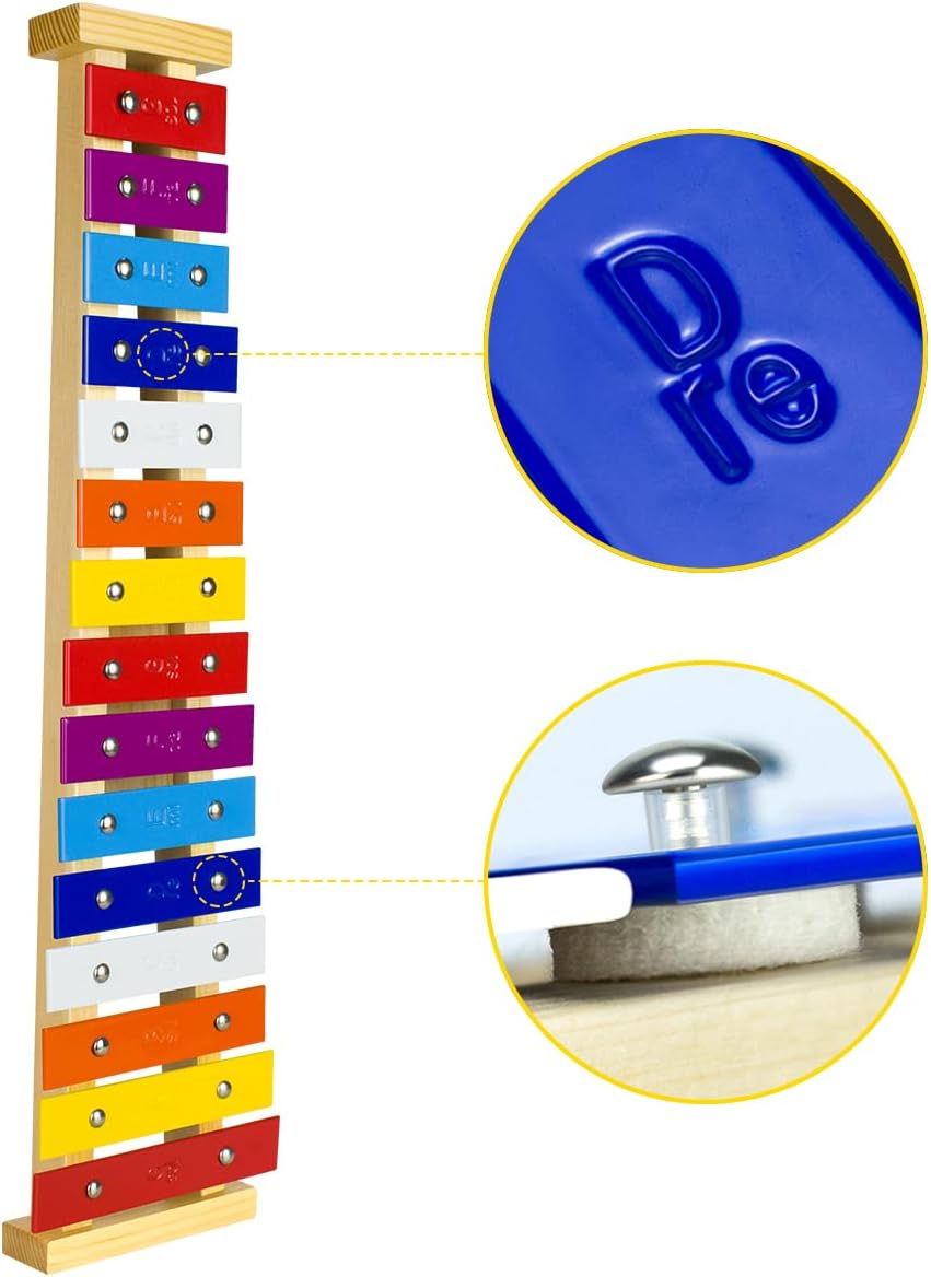 15 Tone Natural Wooden Xylophone Glockenspiel for Kids Toddler with Multi-Colored Metal Bars, Music Instrument for Preschool Educational Learning Toys for Children Boys Girls