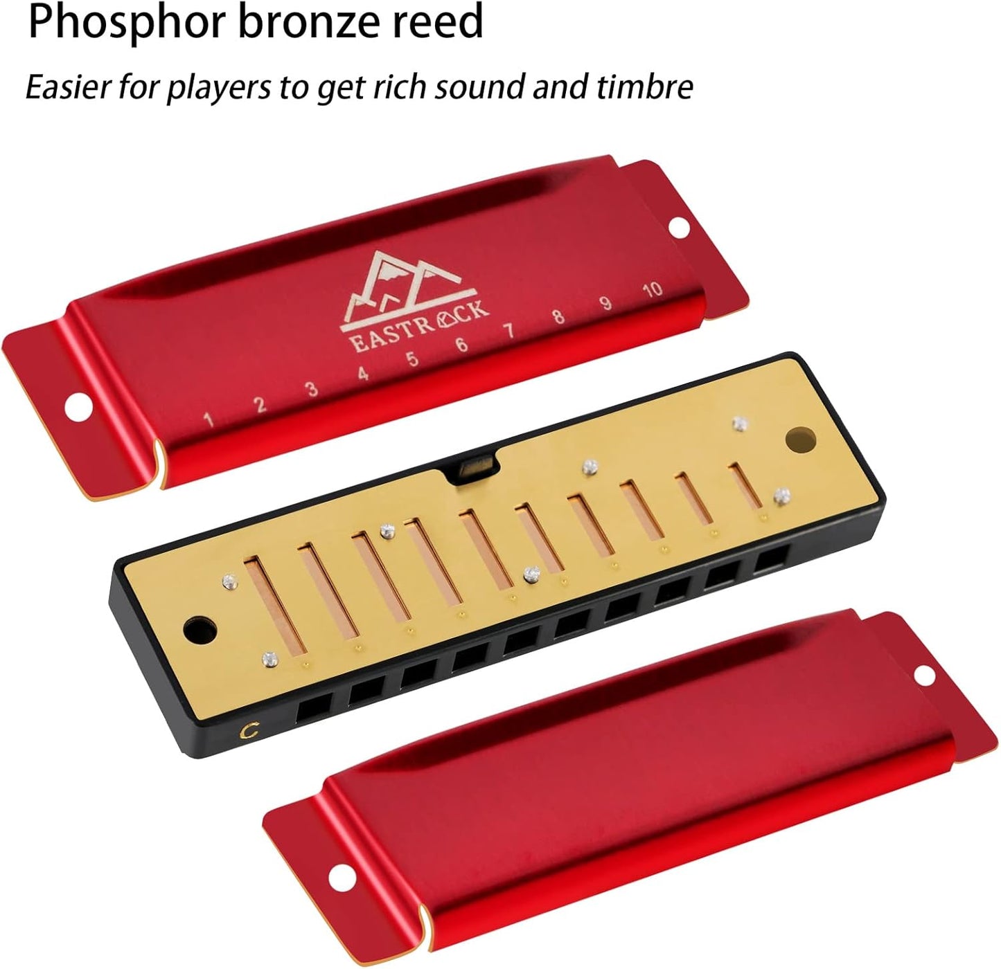 EastRock Blues Harmonica 10 Hole C Key with Case, Mouth Organ Harp, Diatonic Harmonica for Beginner, Adult, Kids, Professional, Students, Friends, Gifts (Red)