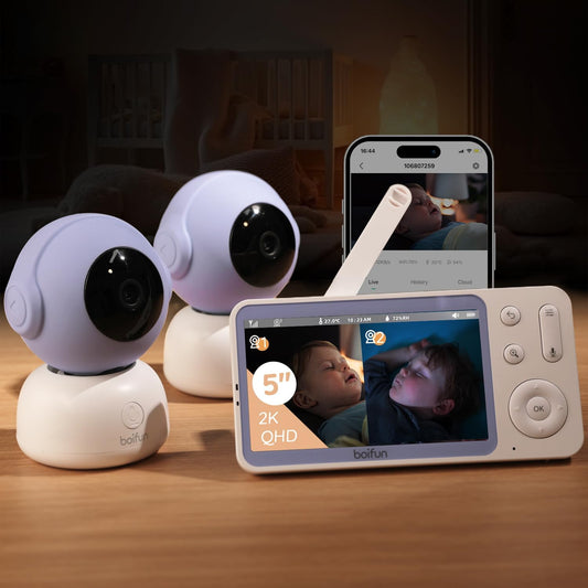 BOIFUN 2K Split-Screen 5 Inch Wi-Fi Baby Monitor with 2 360° Cameras, AI Motion & Sound & Humidity & Temp Detection, Auto Tracking Via Smartphone App and Monitor Control, Infrared Night Vision