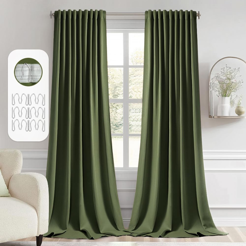 MIULEE Olive Green Back Tab Blackout Curtains 102 Inch Long 2 Panels Set for Bedroom, Rod Pocket/Pinch Pleated Thermal Insulated Living Room Darkening Light Blocking Floor to Ceiling Drapes