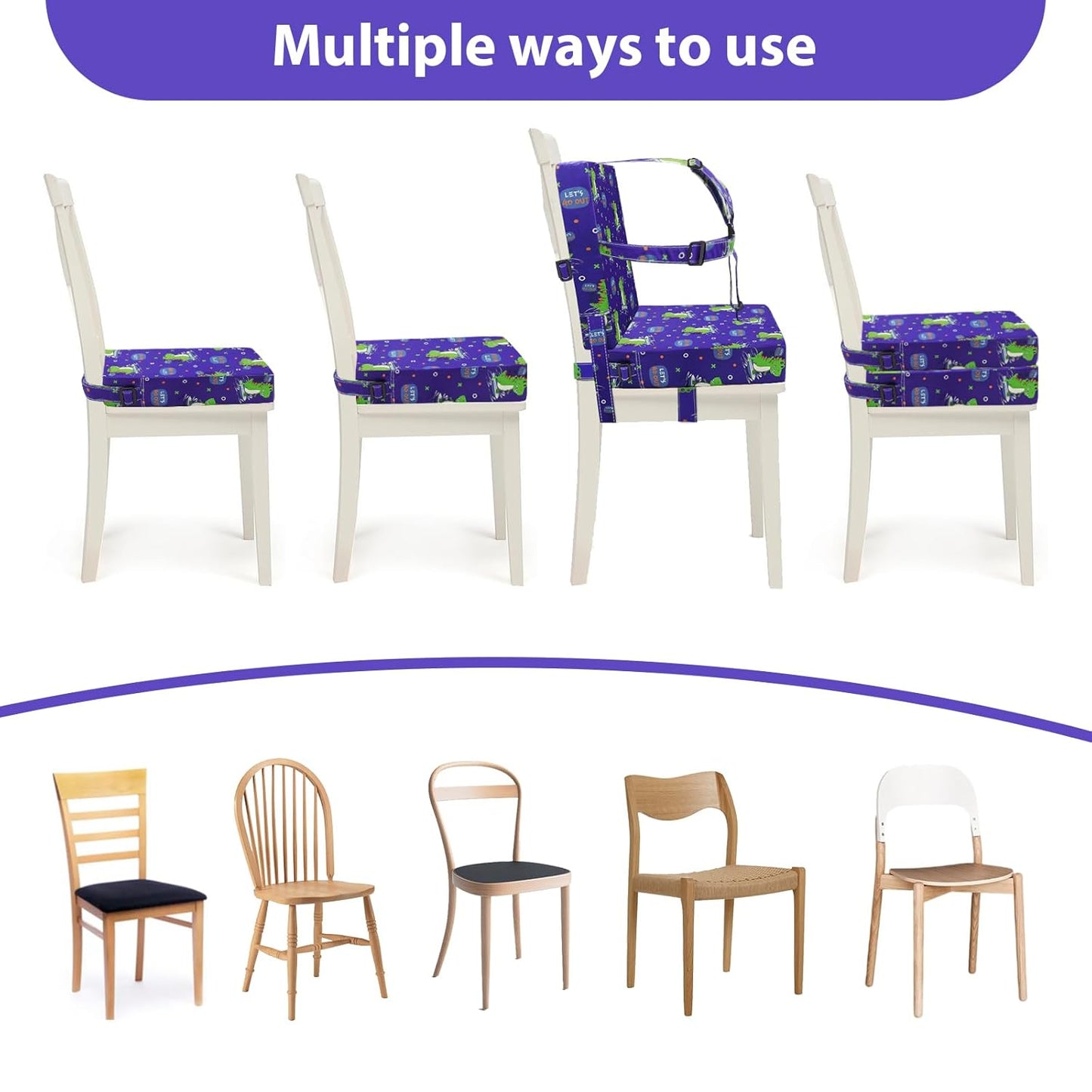 Toddler Booster Seat for Dining Table, Adjustable Safety Buckle Child Booster Seat with Backrest, Waterproof Washable Portable Booster Cushion Non-Slip Bottom (Blue)