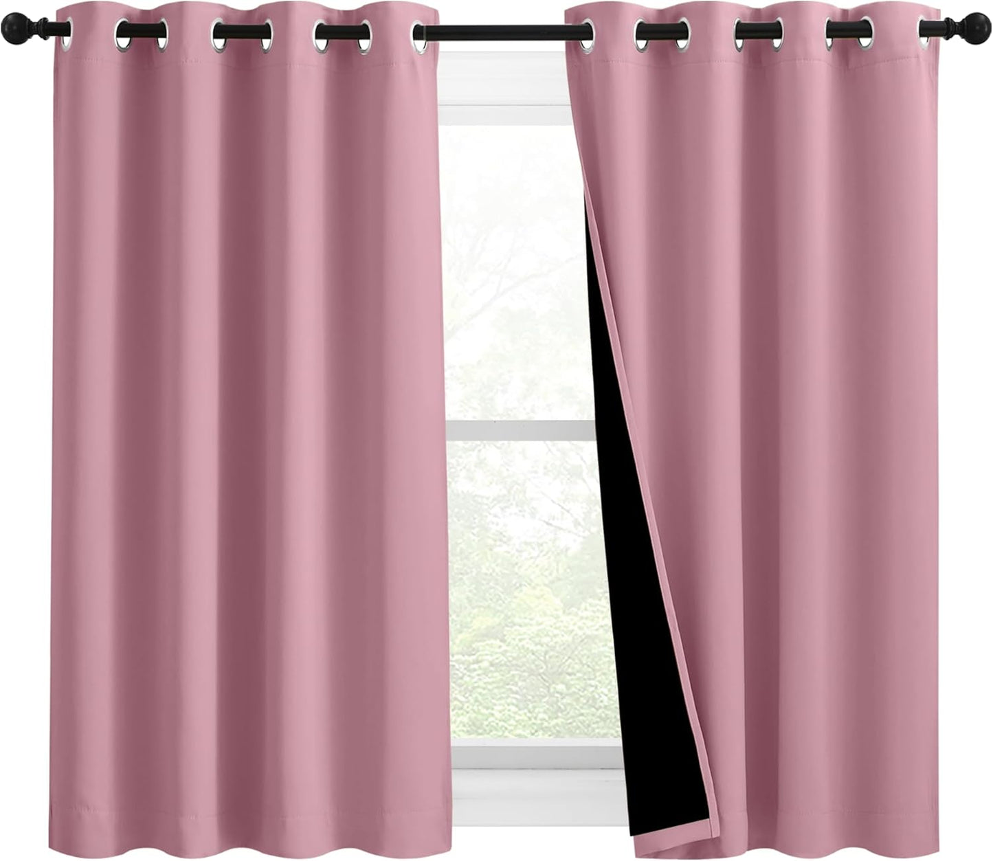 NICETOWN 100% Blackout Curtains with Black Liners, Solid Thermal Insulated Full Blackout 2-Layer Lined Drapes, Energy Efficiency Window Draperies for Bedroom (2 Panels, 46" W by 54" L, Crystal Pink)