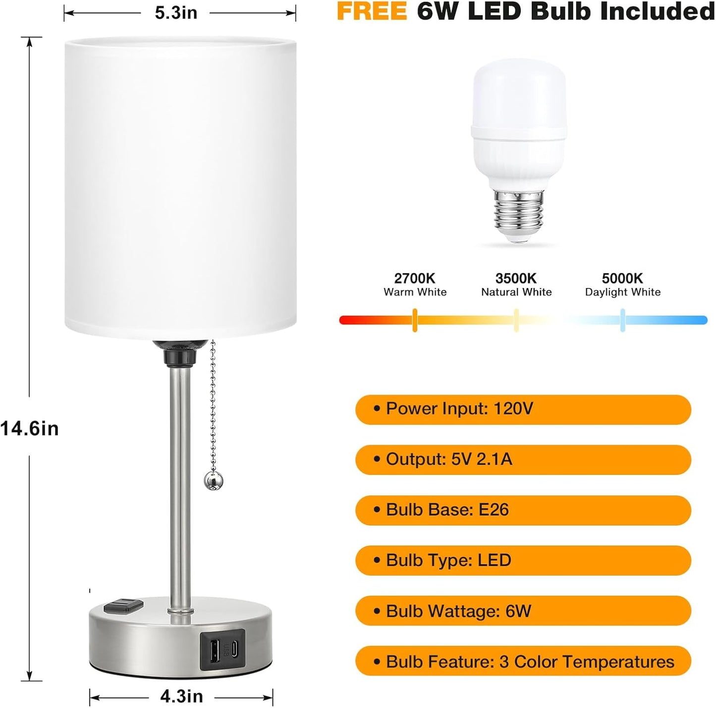 Dicoool White Bedside Lamp for Bedroom - 3 Color Temperatures Desk Lamp with USB C and A Ports, Pull Chain Table Lamp with AC Outlet, Nightstand Lamp with Silver Metal Base for Kids Girls