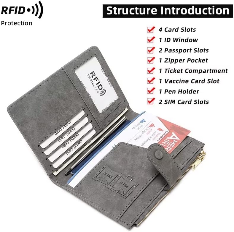 Mudono Passport and Card Holder for Women RFID Blocking Card Case Slim Travel Wallet Change Purse with Vaccine Card Slot