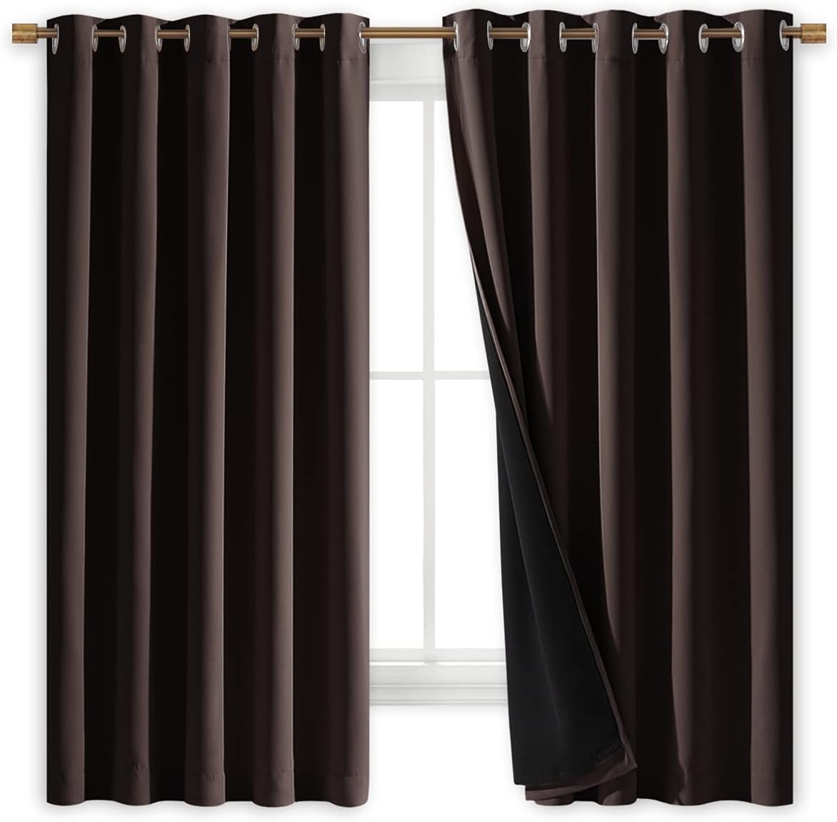 NICETOWN 100% Blackout Lined Curtains, Brown, 1 Pair, 62" Width x 63" Length Each Panel, 2 Thick Layers Completely Blackout Window Treatment Thermal Insulated Drapes for Kitchen/Bedroom