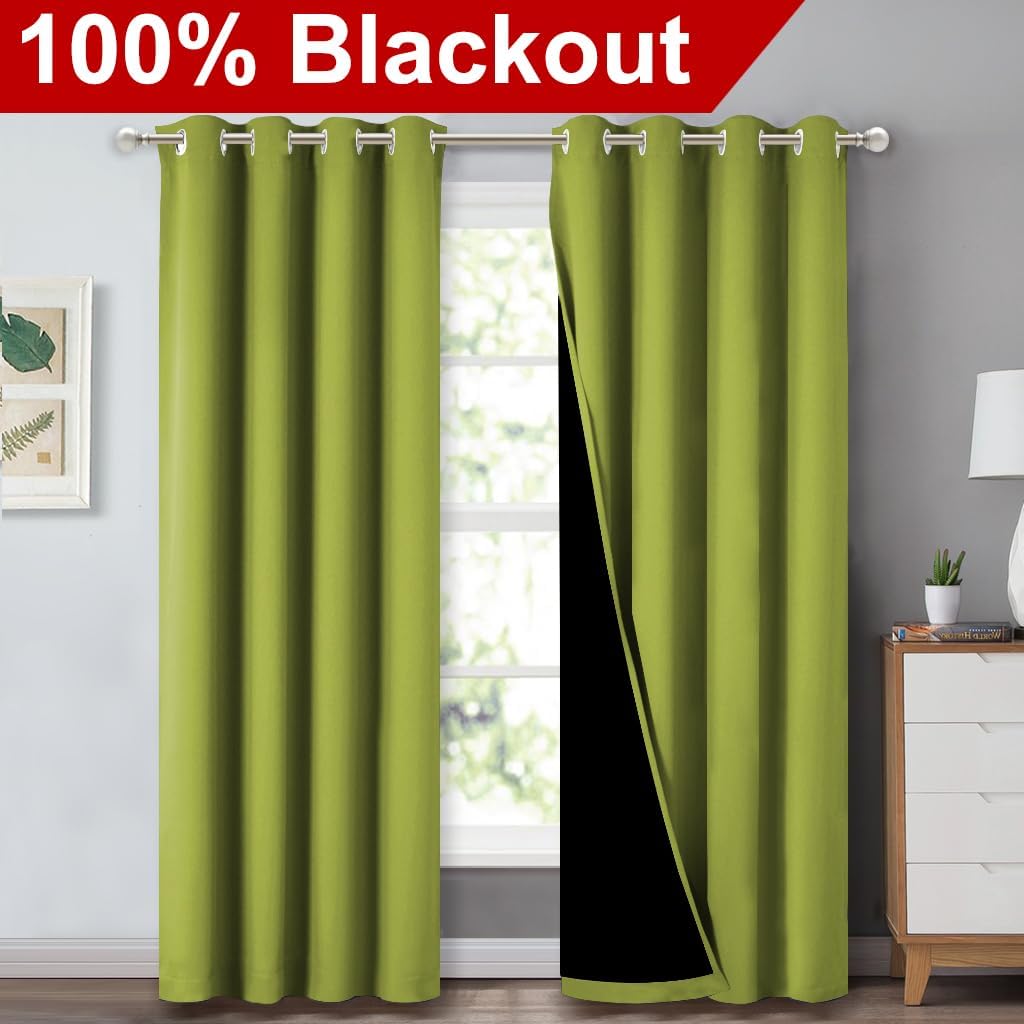 NICETOWN 100% Blackout Curtains 84 inches Long, Fresh Green, 52 inches Wide, Pair of Energy Smart & Noise Blocking Out Drapes for Baby Room Window, Thermal Insulated Guest Room Lined Window Dressing