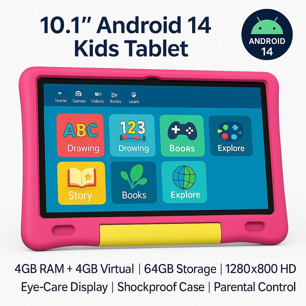 10.1 Inch Kids Tablet with Shockproof Case | Android 14, 64GB+8GB RAM, 12H Battery | Parental Control, Google Kids Space & Preloaded Educational Apps | WiFi 6, HD Display, Ages 3-12