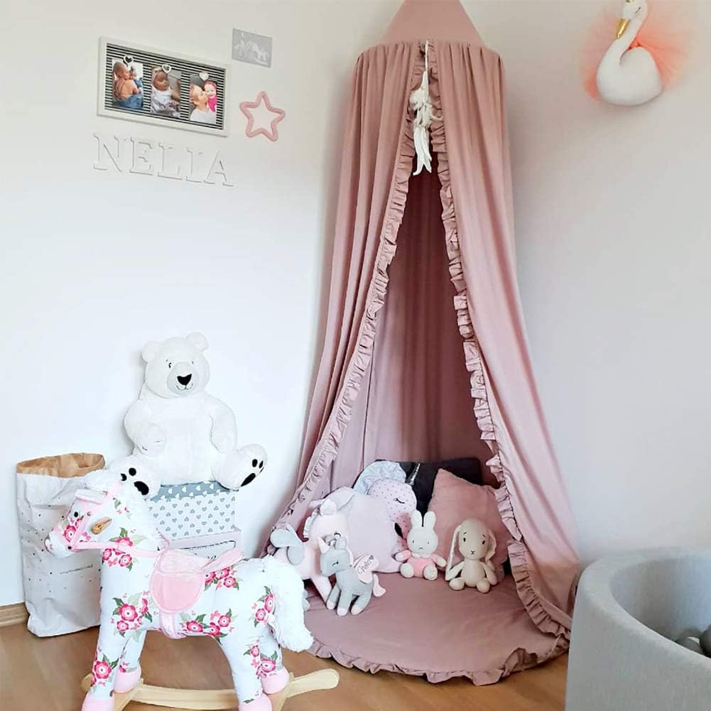 Bed Canopy with Frills Reading Nook Game Tent for Kids Boho Hanging Net Play Room Decor(Dusty Rose)