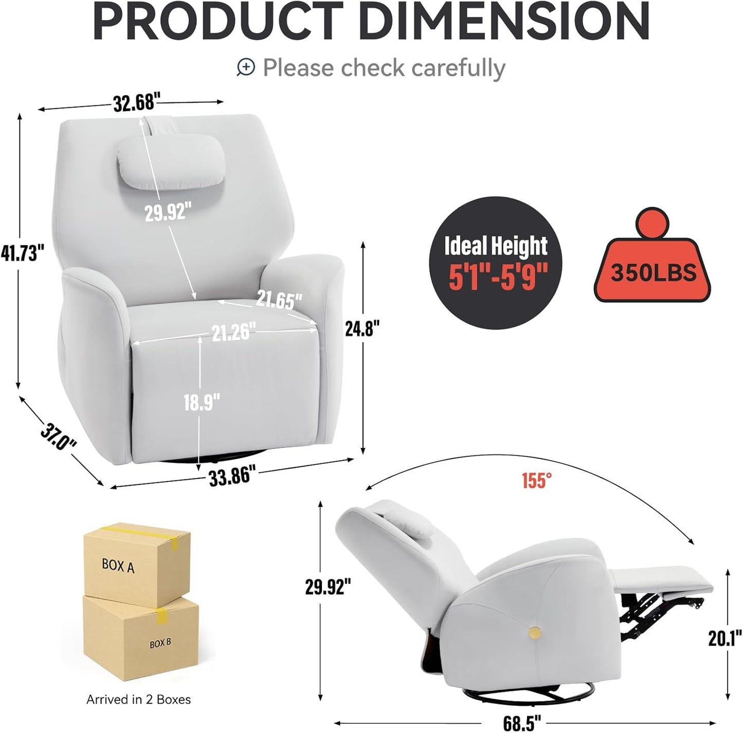 Glider Rocking Chair Nursery, Swivel Rocker, Power Recliner Chair, Nursery Glider Recliner with Adjustable Headrest, USB Ports, Living Room Chairs, Fabric (Fabric Grayish White, Adjustable Headrest)