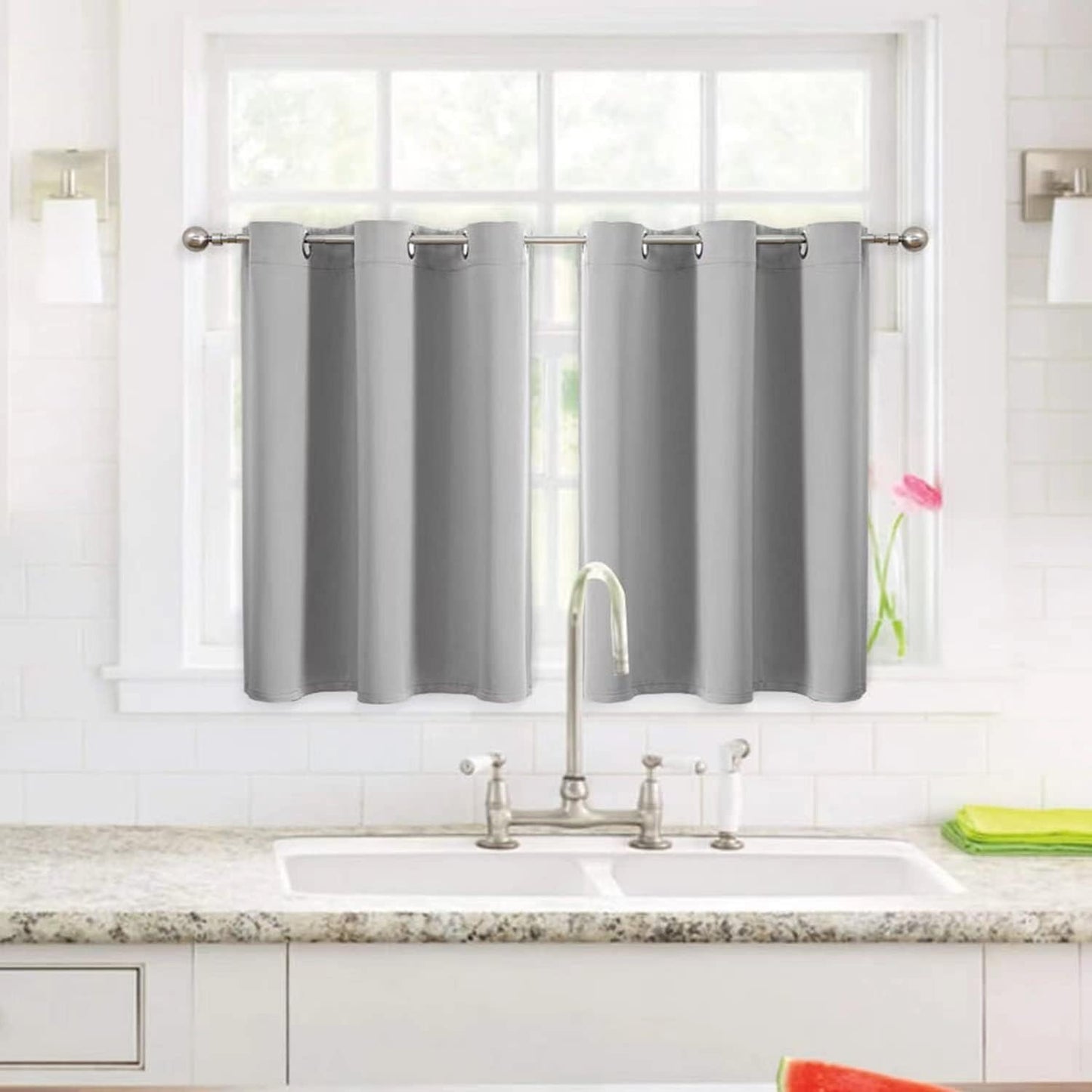 ChrisDowa Small Window Curtains for Kitchen and Bedroom - Grommet Short Thermal Insulated Room Darkening Curtains (2 Panels, Light Grey, 34 x 36 Inch)